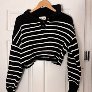 Madison Black & White Striped V-Neck Polo Cropped Sweater